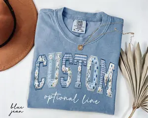 Comfort Colors® Floral Custom Text Shirt, Personalized Faux Patchwork Name Tee, Chinoiserie Mama Shirt, Kids Name Tee, Birthday Gift For Her