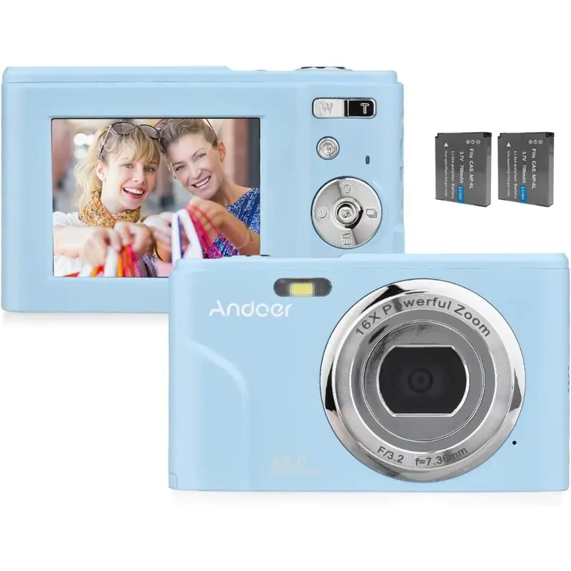 Portable Digital Camera, 48MP, 1080P, 2.4-inch IPS Screen, 16X Zoom, Auto Focus, Self-Timer, 128GB Extended Memory, Face Detection, Anti-Shaking, 2 Batteries, Hand Strap, Carry Pouch