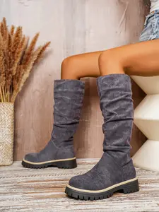New Women's Pleated Boots, Flat Heel Chunky Sole, Style Long Boots, Vintage Ruched, Outdoor Casual Fashion Boots