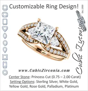 Cubic Zirconia Engagement Ring- The Karen (Customizable Enhanced 3-stone Design with Princess Cut Center, Dual Trillion Accents and Wide Pavé-Split Band)