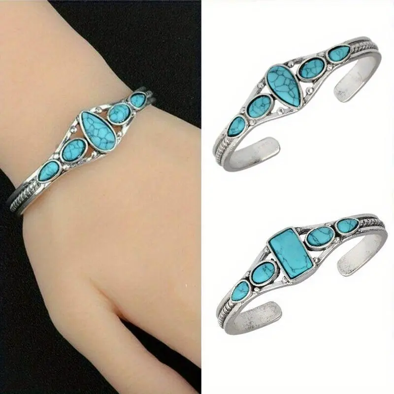 Women's 925 Sterling Silver Retro Bohemian Adjustable Cuff Bangle - Carved Geometric Hollow Design with Sky Blue Stone, Artistic Costume Jewelry for Daily Wear
