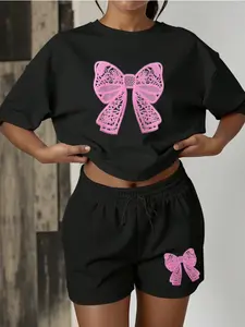 Pink Lace Bow Graphic Two Piece Loungewear Set, Oversized Short Sleeve Tee & Drawstring Shorts, Y2K Aesthetic Coquette Streetwear, Comfy Casual Summer Outfit for Daily Wear, Vacation, Beach