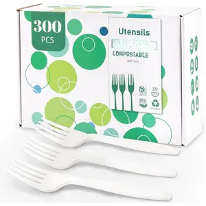 300 Count Compostable Forks, White Disposable Forks, Extra Heavy Duty No Plastic Compostable  Utensils Silverware for Party Picnic Camping