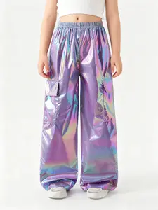 New Youthful Fashion Summer Girls' Cool Holographic Flip Pocket Gradient Workwear Casual Loose Long Pants, Trendy Kids' Clothing
