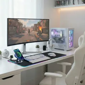 4-in-1 Magnetic Wireless Charging Desk Mat: 15W Fast Charge Phone/Watch/Plexor Buds, RGB Gaming Mouse Pad with Foldable Stand, Waterproof Ultra-Smooth Surface for Home Office & Pro Setup