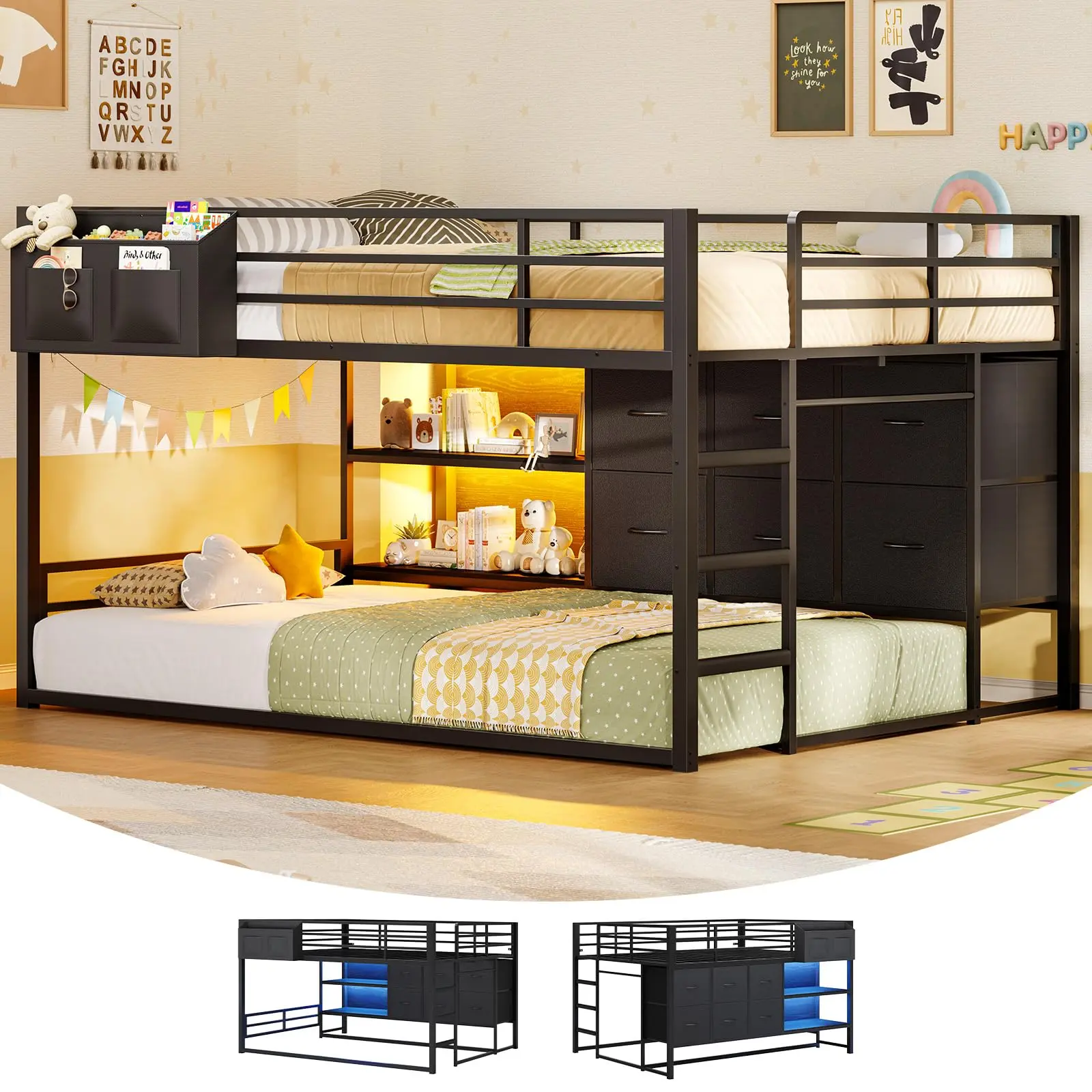 Full Over Twin Bunk Bed with 6 Drawers & Shelves, Metal Loft Bed Frame Loft with LED Lights, Convertible Storage Bunk Bed with Safety Guardrails & Non-Slip Ladder, 2-Way Installation, Space Saving, Black