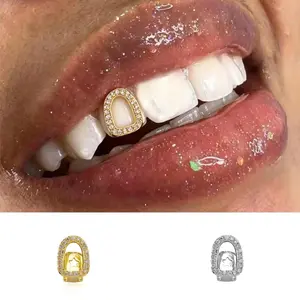 Hip Hop Single Full CZ Stone Hollow Teeth Grillz Dental Grills Shiny Zircon Tooth Caps for Women And Men Jewelry