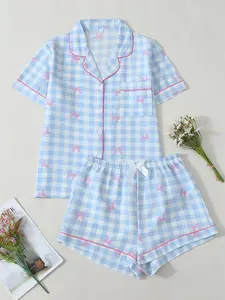 Women's Blue Plaid & Cute Butterfly Knot Button Pajama Set with Pockets, Short Sleeve Shorts, All Seasons, Soft Comfortable Homewear, Casual Style