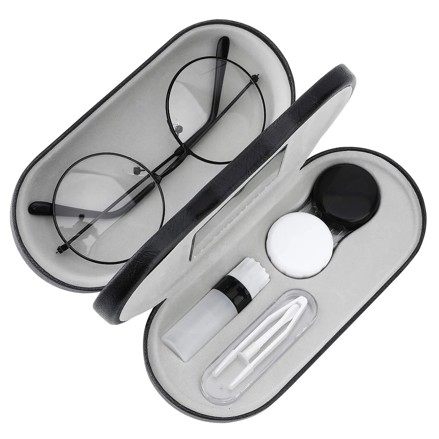 Leather Compact 2-in-1 Double-Sided Eyeglass & Contact Lens Storage Kit, Black Travel Space-Saver Portable Case with Mirror, Tweezers, Remover & Sunglasses Pouch for Adults