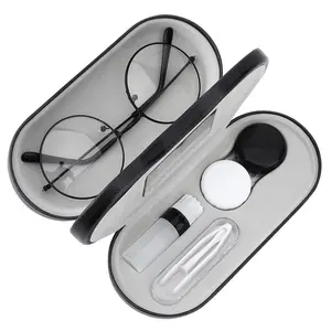 Double Eyeglass Case, Contact Lens Case with Mirror Tweezers Remover, 2 in 1 Double Sided Portable Contact Lens Box Holder Container Soak Storage Kit Sunglasses Pouch for Men & Women, Black