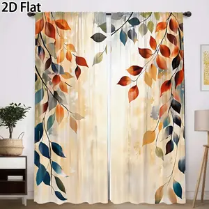 2D Flat 2Pcs Autumn Leaves Print Curtains, Vibrant Fall Season Window Drapes, Artistic Botanical Decor for Living Room, Bedroom, Dining, Home Aesthetic Decoration Modern, Privacy, Rod Pocket Treatment Transluce