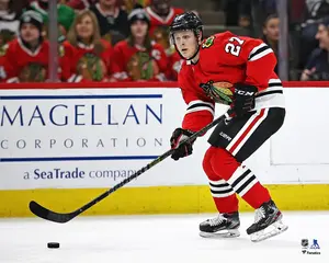 Adam Boqvist Chicago Blackhawks Unsigned Red Jersey Photograph
