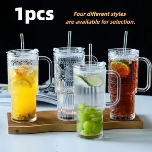 500ml Large Capacity Glass Tumbler with Lid and Straw, Fashion Summer Ice Coffee Mug, Reusable Beverage Cup for Whiskey Milk Tea