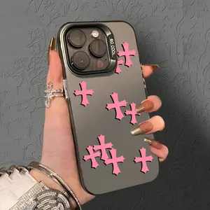 Case for iPhone 16 Pro Max 15 Plus 14 13 12 11 XS XR Stylish Pink Cross Decor Pattern Anti-Scratch Military-Grade Drop Protection Slim Cellphone Cover