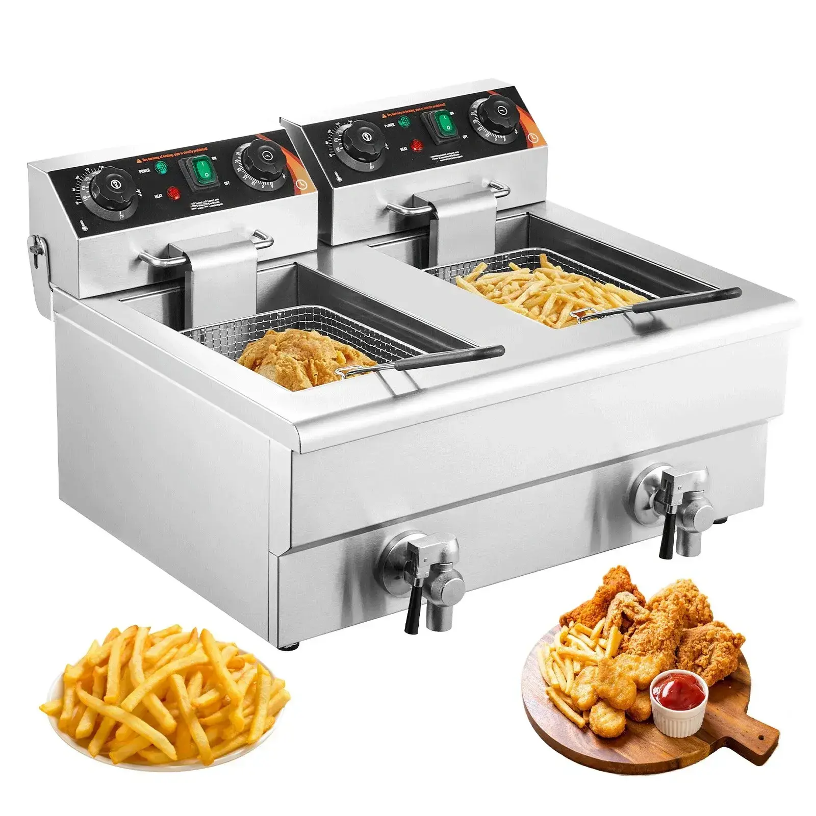 Stainless Steel Countertop Deep Fryer - with Fry Basket, Oil Filtration System, Time & Temp Control for Kitchen, Restaurant Use