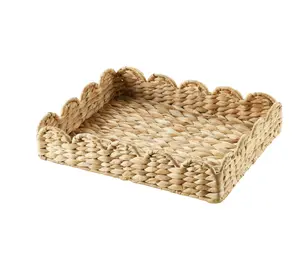 Home Decor Collection Scalloped Woven Natural Water Hyacinth Decorative Tray – Rustic Charm for Serving or Display