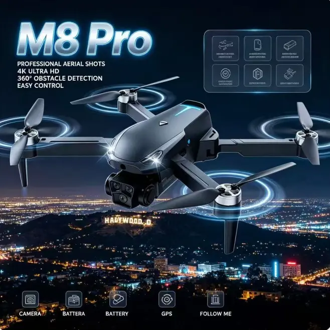 2026 M8 Pro Drone – 4K EIS Camera, GPS & 5G WiFi FPV, Brushless Motor, Optical Flow Hover, Smart Obstacle Avoidance, Auto Return, 360° Stunt Roll, Dual Batteries Included