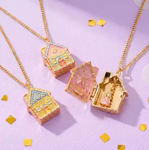 Fairy-Tale Hinged Gingerbread House Pendant Necklace - Colorful Enamel Roof (Blue,Yellow,Pink,Green) - Everyday Wear Costume Jewelry Accessory