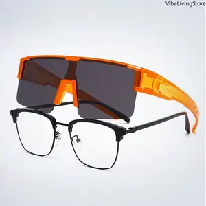 Fit-Over Clip-On Sunglasses, 2-in-1 Combo UV400 Protection Windproof Anti-Glare Sports Glasses, Oversized Cycling Eyewear for Men Women, Fits Over Prescription Eyeglasses for Outdoor Activities