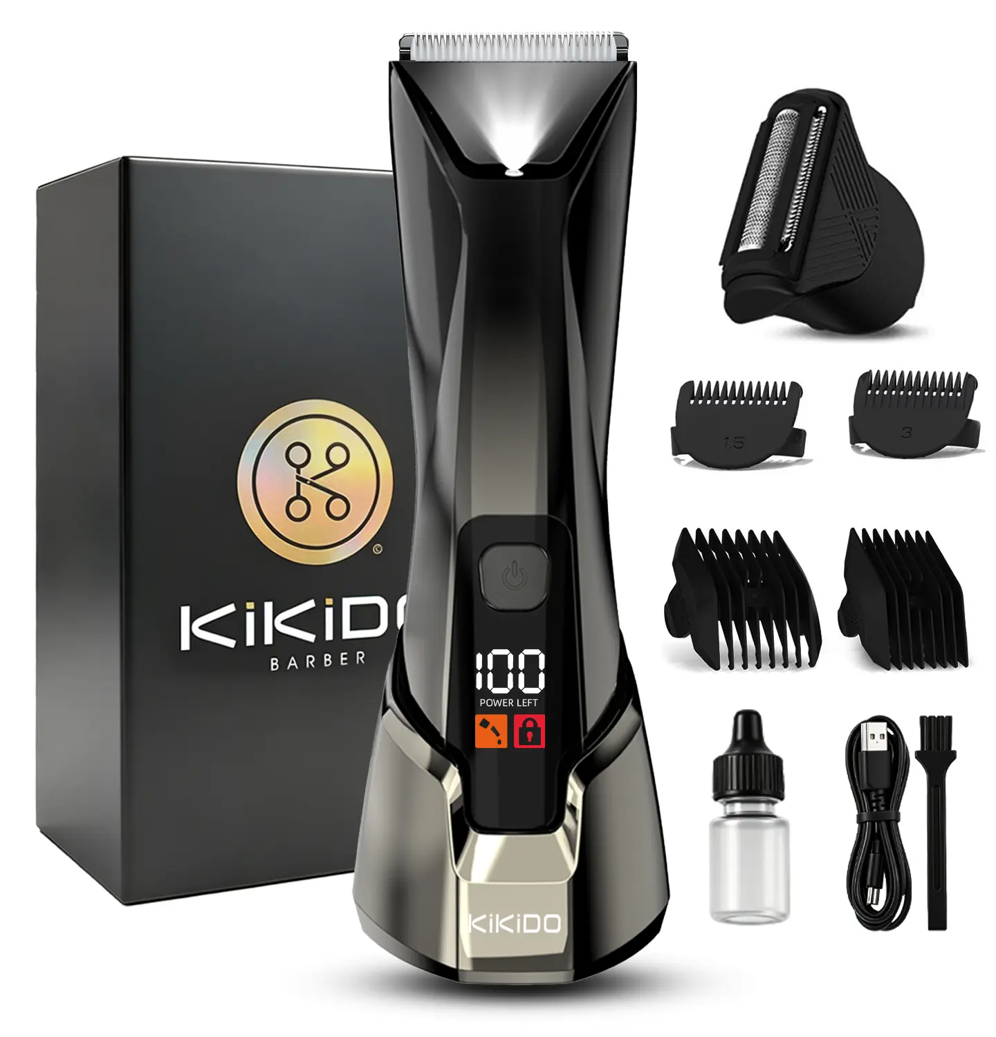 KIKIDO Mens Hair Clipper Trimmer - USB Rechargeable Cordless Grooming Kit with LED Digital Display, Charging Dock & Multiple Combs for Home Barber Use