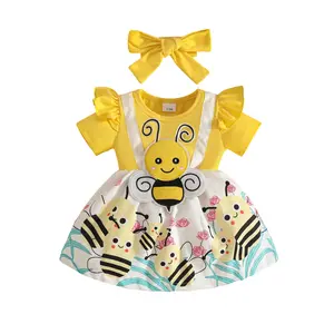 Little Girls Bee Outfit Baby Girl Bee Print Short Sleeve Romper Dress with Bowknot Headband