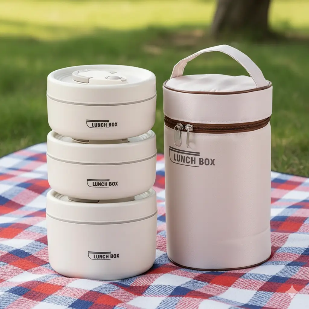 Premium Stainless Steel Insulated Lunch Box Set with Tableware - 3 Reusable Leakproof Lidded Containers, 1 Minimalist Cooler Bag, Ideal for Adults, Picnics, Meal Prep Lunch Box, Insulated Snack Box
