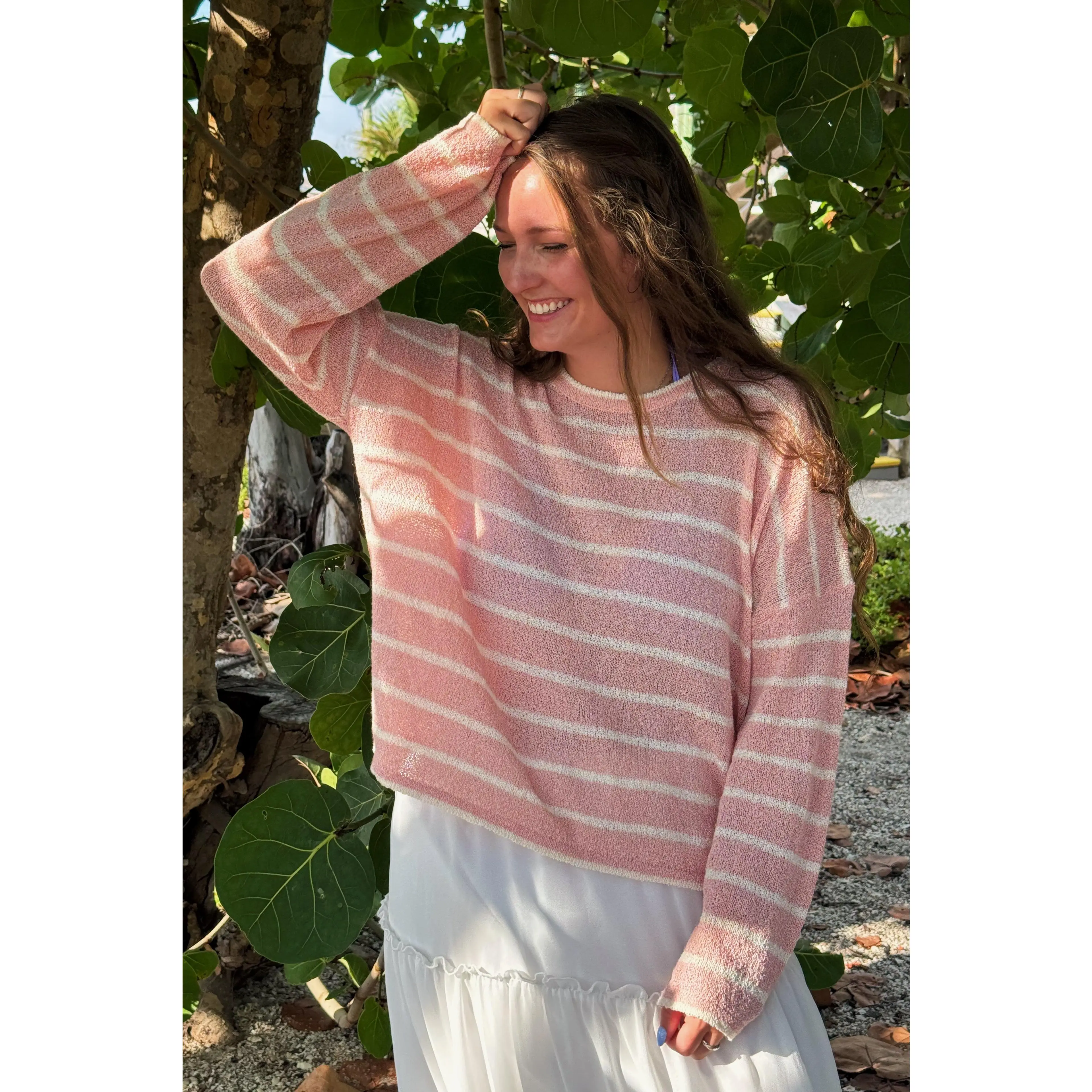 Knitwear Sweater for Women, Pink Striped Relaxed Fit Pullover, Breathable Lightweight Fabric for an Everyday Look, Casual