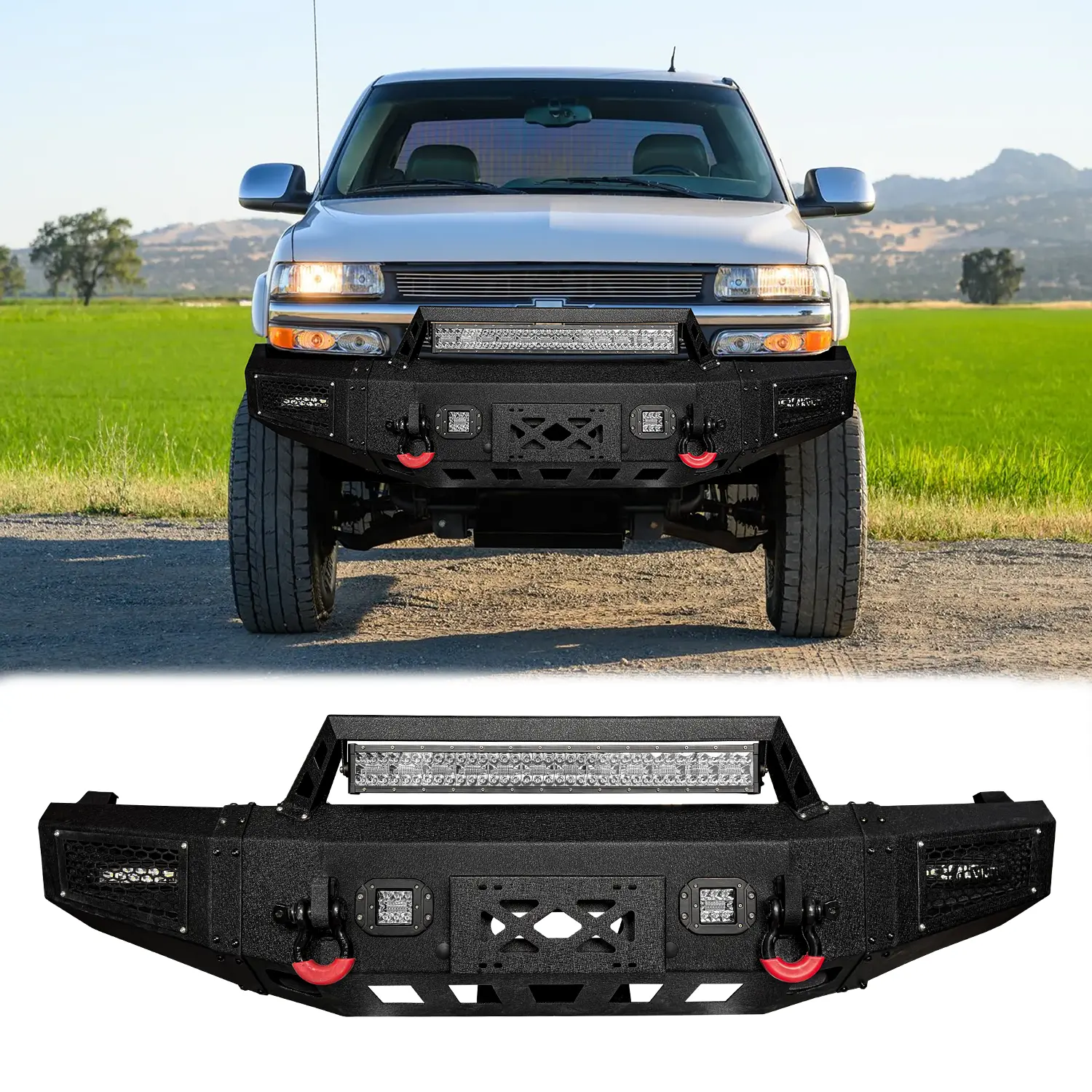 Vijay Black Texture Finish Metal Front Bumper - Custom Fit Chevy Truck Accessory for 1999-2002 Silverado 1500, 2000-2006 Tahoe/Suburban, With Winch Plate, 2 LED Lights, 2 x D-Rings, Enhances Off-Road Vehicle Performance, Simple Screw Installation, Off-Roa