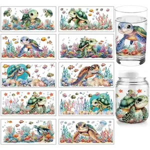 UV DTF Cup Wraps 10 Sheets for 16 OZ Glass Cups 10 Styles Cartoon Sea Turtle Fish Seaweed Transfers PVC Stickers for DIY Holiday Gifts