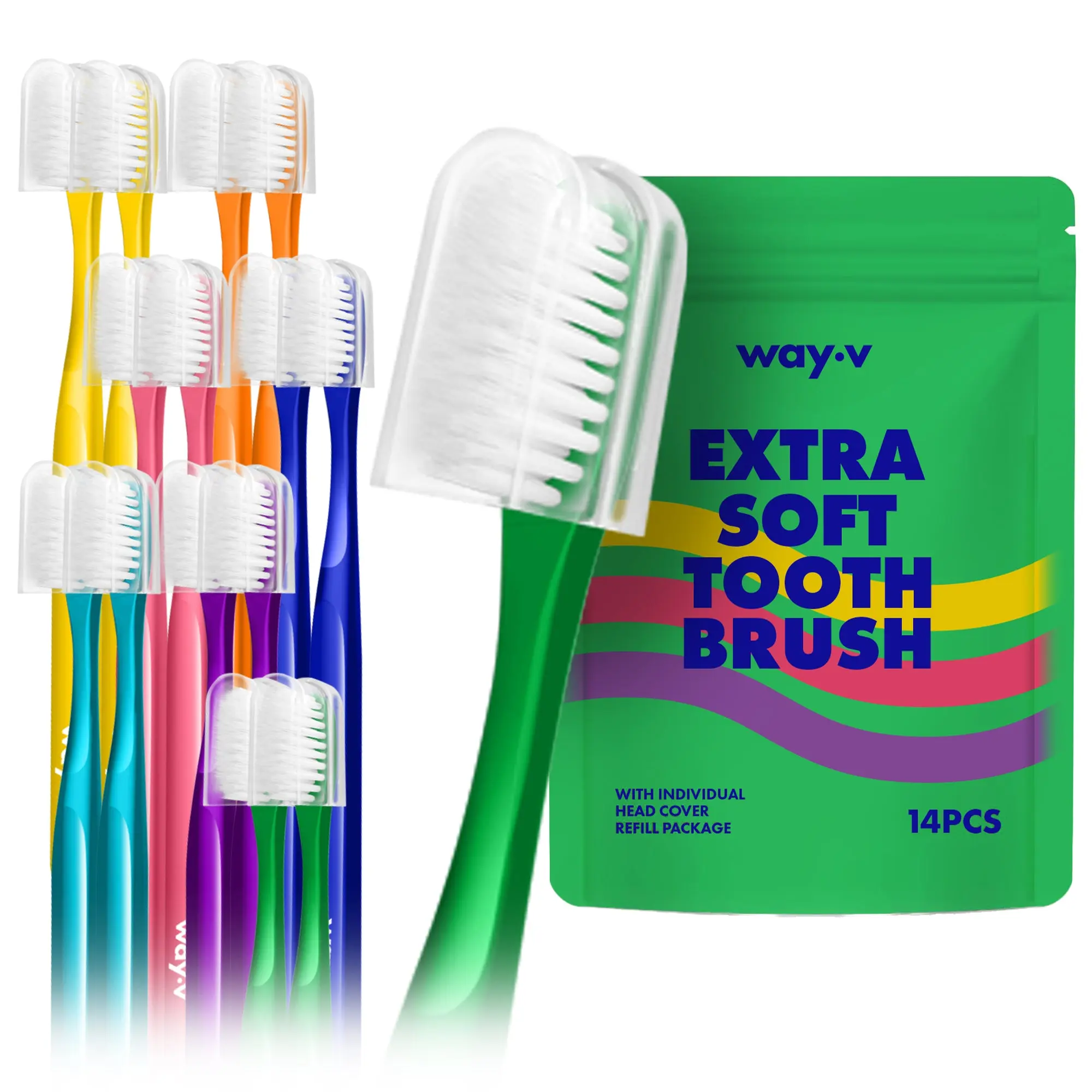 WAY.V Extra Soft Toothbrush for Sensitive Gums and Teeth - 14pcs Zip Lock Pack Green