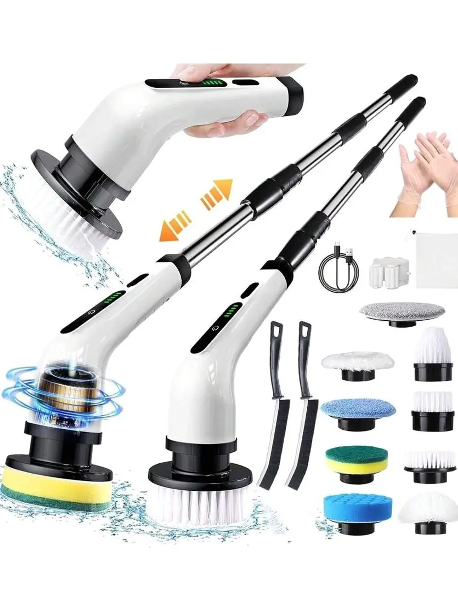 2026 Electric Rotary Scrubber, Rechargeable Cleaning Brush, Shower Scrubber With 9 Brush Heads, 2H Power 2-Speed, Adjustable Extended Handle, IPX7 Waterproof For Tubs Tile Floors Cars, White Easter Gift