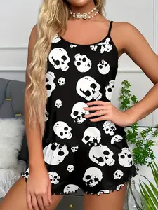 Women's Summer Sexy Slim-Fit Kint Fabric Sleepwear Set, Spaghetti Strap, Skull Print Design, Comfortable & Stylish Nightgown for Women, Womenswear