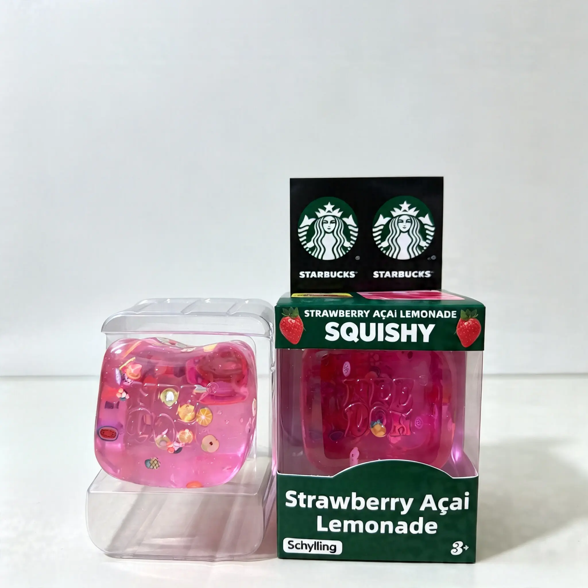 Squishy Cube Strawberry Açaí Lemonade Liquid Squish Fidget Toy, Clear Jelly Floating Fruit Charms Stress Relief Cube, Silent Pocket Sensory Anxiety Squishy, Novelty Desk Decor Gift Box Toy for Kids Teens Adults