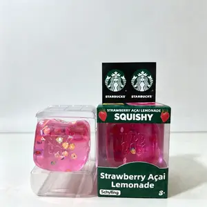 Squishy Cube Strawberry Açaí Lemonade Liquid Squish Fidget Toy, Clear Jelly Floating Fruit Charms Stress Relief Cube, Silent Pocket Sensory Anxiety Squishy, Novelty Desk Decor Gift Box Toy for Kids Teens Adults