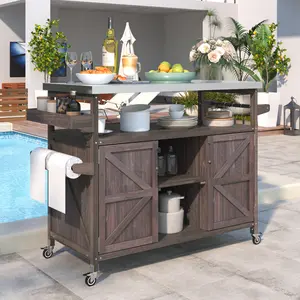 Outdoor Kitchen Island with Stainless Steel Top, Rolling Bar Cart & Storage Cabinet, Farmhouse Solid Wood BBQ Grill Table with Spice Rack and Towel Rack, Portable Patio Cart for Kitchen, Garden, Backyard, BBQ Party