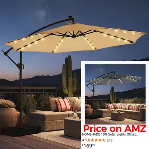 [10ft] Solar Lights Offset Cantilever Patio Umbrella - w/Light and Base, LED Lighted Offset Hanging Patio Outdoor Market Umbrella UPF50+ UV Protection with Easy Tilt and Crank