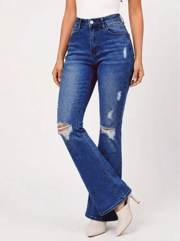 Women's Classic Blue High-Waisted Straight Flare Sports Bottoms - Distressed Knee Rips, Slimming Fit, Everyday Essential Basic Vibe for Outdoor Activities