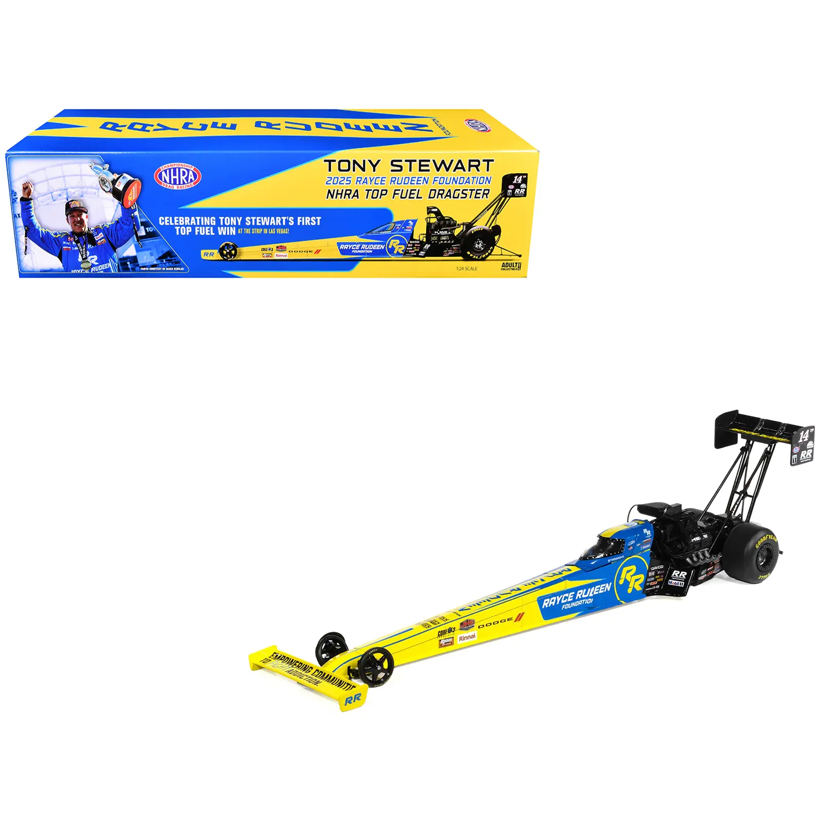 NHRA TFD (Top Fuel Dragster) #14TF Tony Stewart "Rayce Rudeen Foundation" Blue & Yellow (2025) 1/24 Diecast Model by Auto World