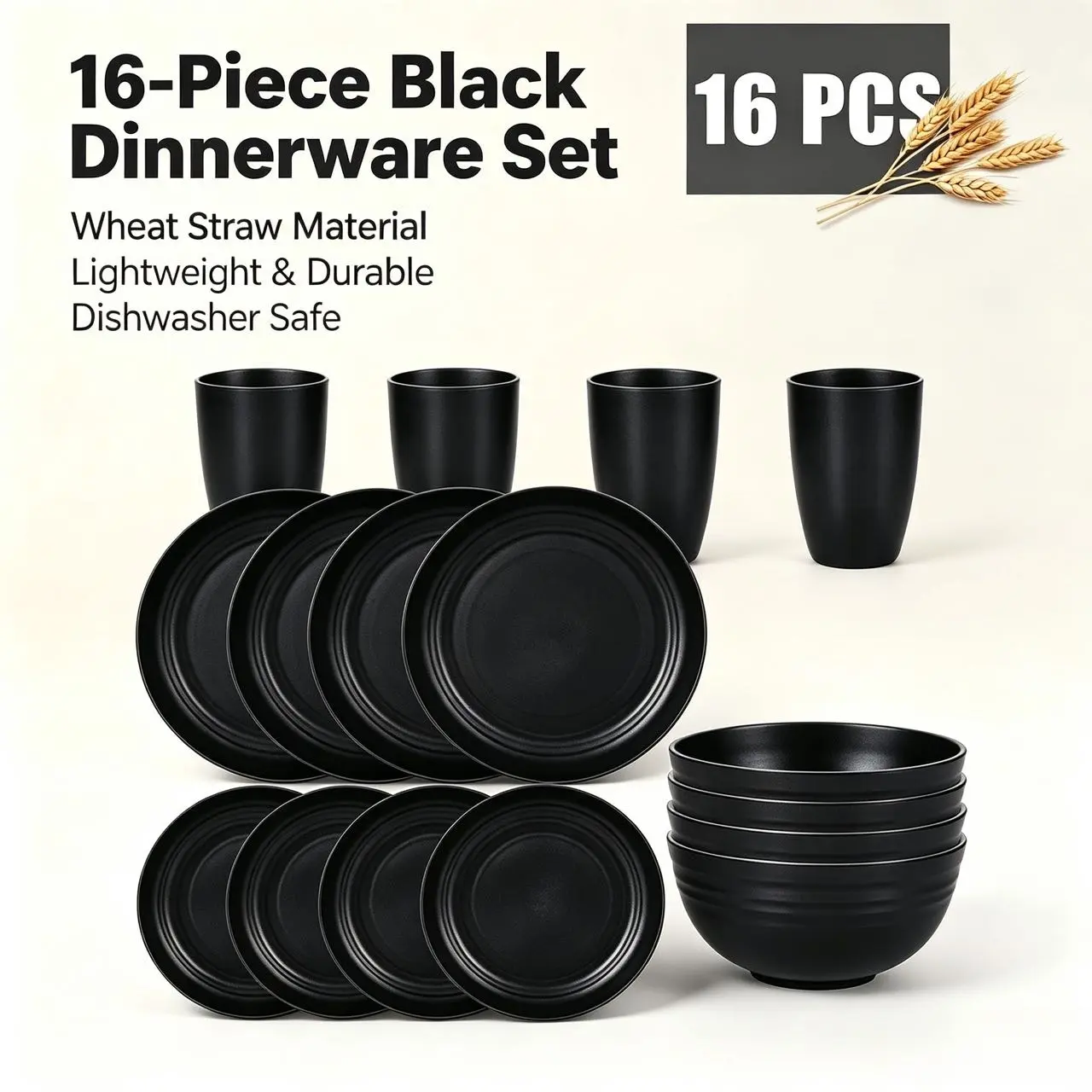 Unbreakable Black Wheat Straw Dinnerware Set 16PCS for Family Daily Use | Stackable Space Saving Plates Bowls Cups Microwave Safe