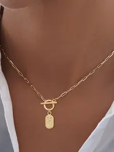 Women's Zirconia Letter Toggle Clasp Pendant Necklace, Stainless Steel Paper Clip Chain, Casual Style Jewelry for All Seasons
