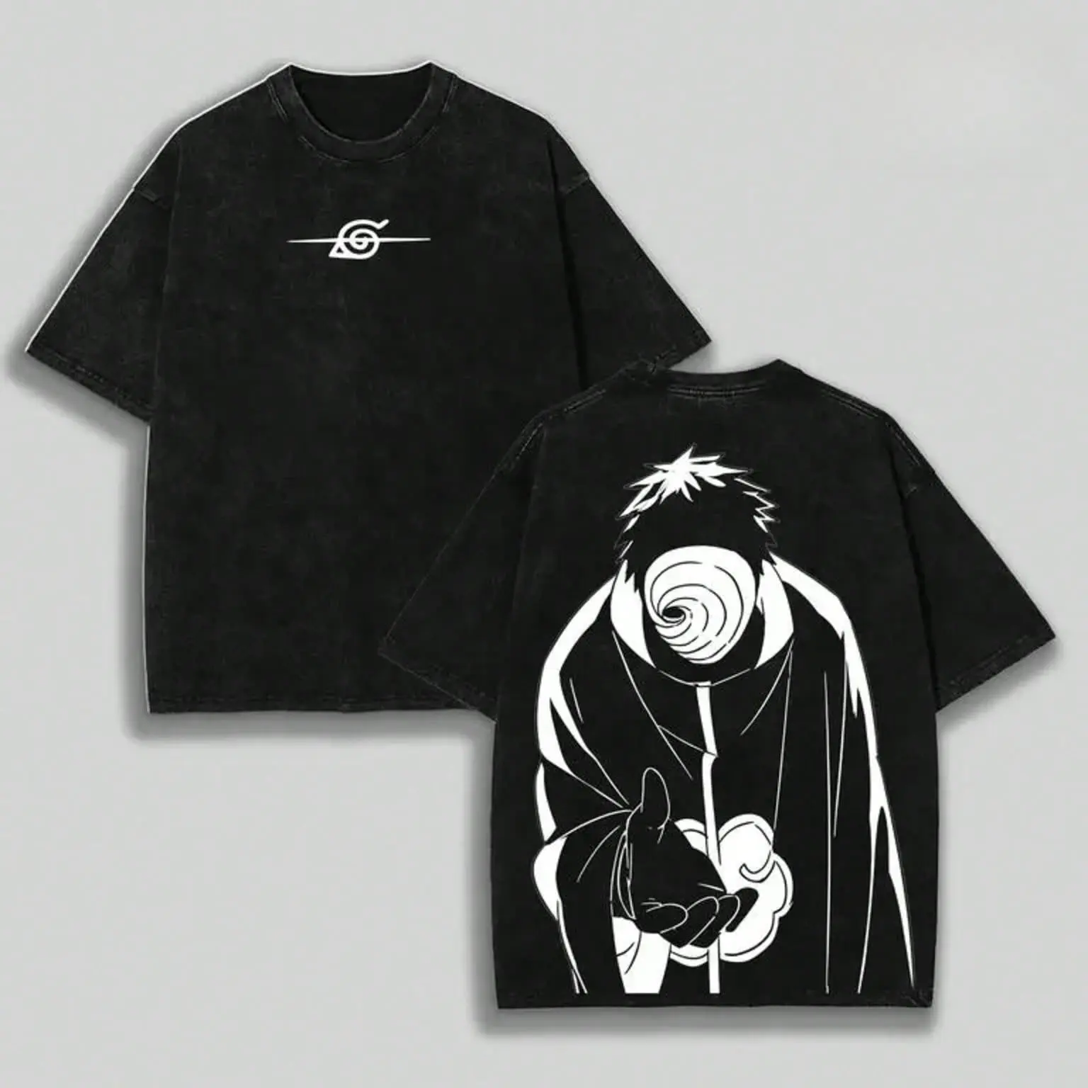 Men's Y2K Vintage Acid Wash Black Graphic T-Shirt, Double-Sided Minimalist Print of Obito Uchiha from Naruto, Loose Crew Neck Cotton Short Sleeve Top, Trendy Streetwear for Weekend Outings
