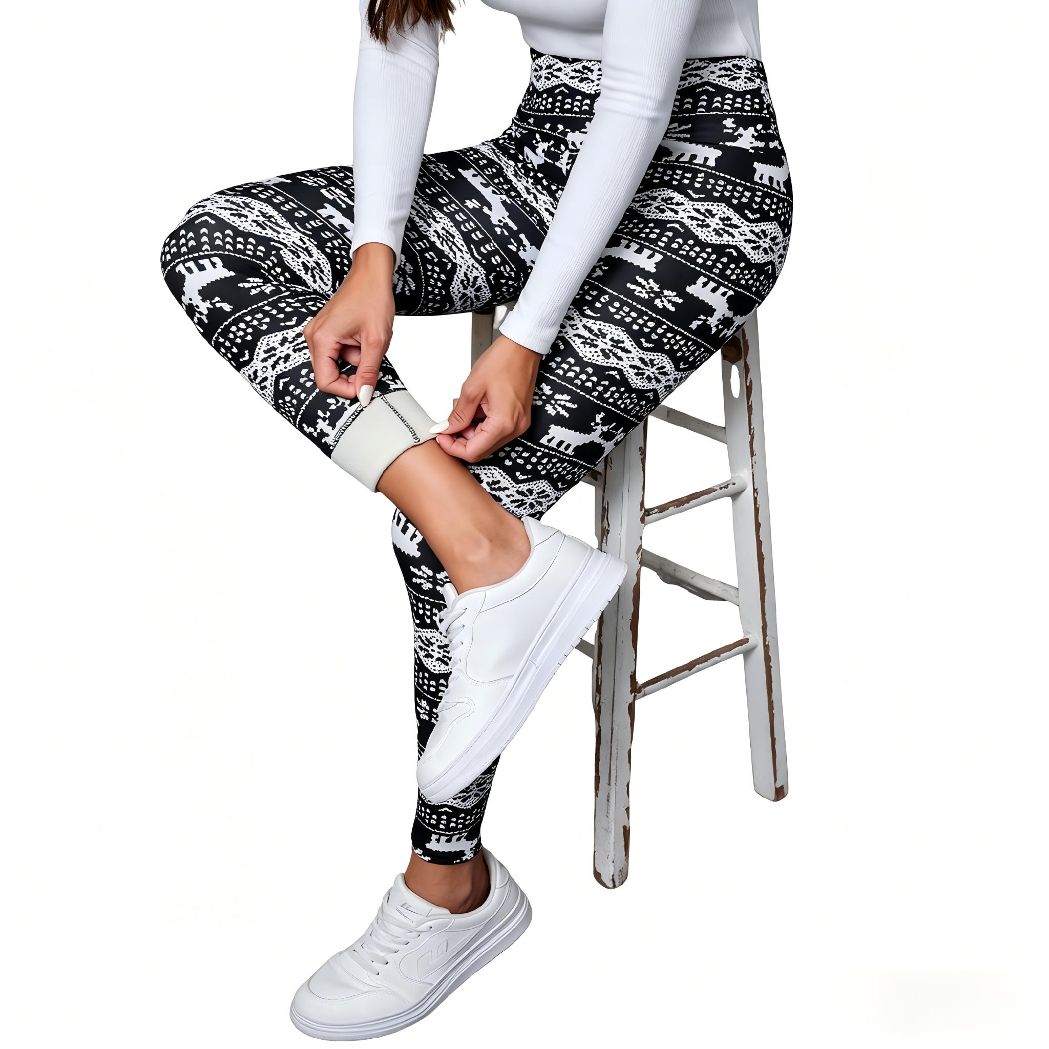 Women's Winter High Waist Plaid Fleece Lined Pants with Snowflake & Reindeer Pattern Elastic Warm Lamb Velvet Nine-Point Leggings Casual Fashion Fit S-XXL