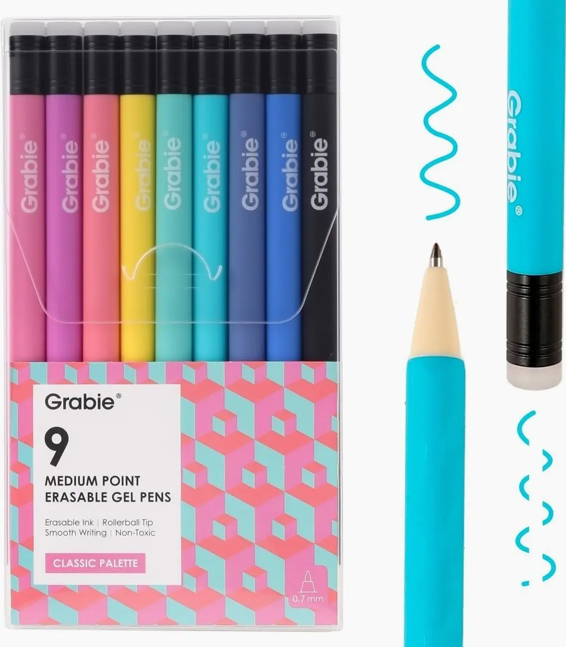 Grabie Erasable Gel Pens, 9 Medium Point 0.7 mm Pens, Classic | Thermo-Sensitive Gel Ink, Clean Erasing, Smooth Writing, Vibrant Assorted Colors, Twist-up Design, Drawing, Journaling