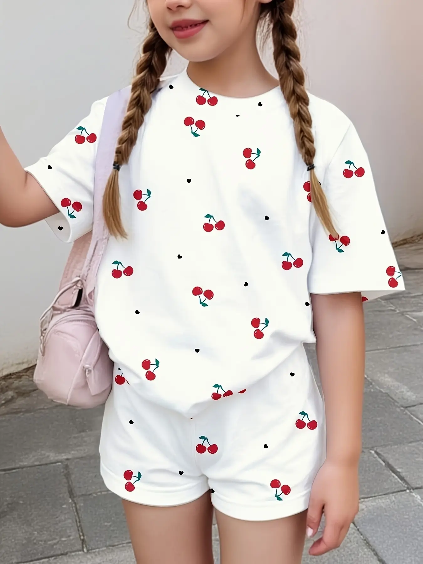 Cherry Print Girls' Short Sleeve Set, Summer Set, Cute Sets, Fun and Eye-Catching, Youthful Energy, Casual All-Season, Slim-Fitting, No Collar, No Button, Summer Clothes Set