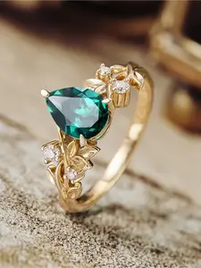 1 PC delicate and natural ring, decorated with pear shaped emerald green gemstones, designed with natural vines and leaves, suitable for parties, casual wear, recommended for gifts/weddings/engagements, jewelry gifts for her