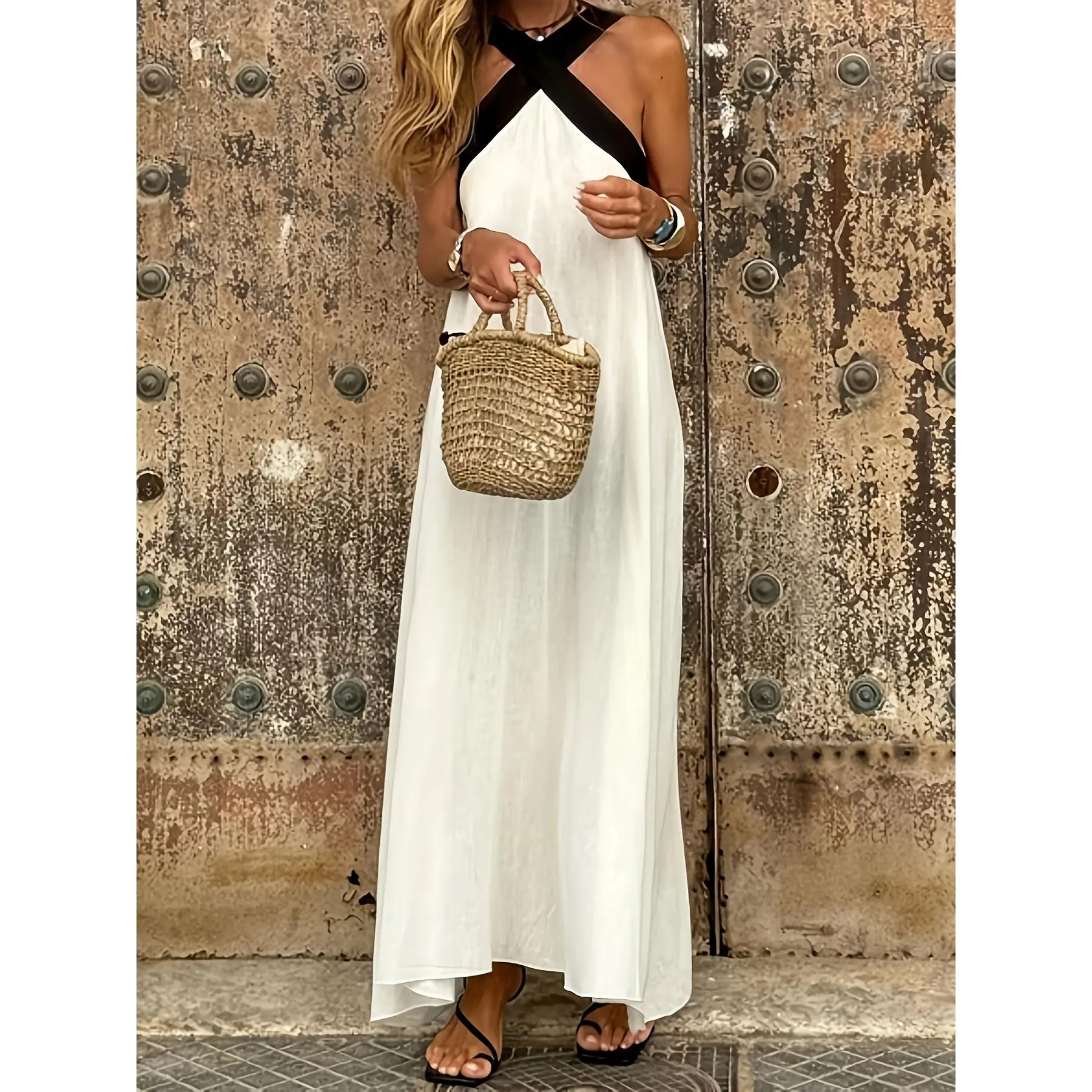 Women's Elegant Linen Cotton Halter Neck Maxi Dress - Sleeveless Loose Fit Beach Dress with Patchwork Detailing, Women's Elegant Linen Cotton Halter Neck Maxi Dress - Sleeveless Loose Fit Beach Dress with Patchwork Detailing,