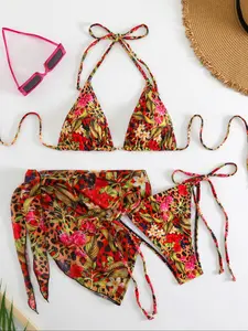 Women's Tropical Print Bikini Set, Tie Back Swim Top & Tie Side Swim Bottom & Knot Side Skirt Set, Three-piece Swimsuit for Summer Beach Vacation, Bathing Suits, Leopard Print Bikini, Floral Print Bikini
