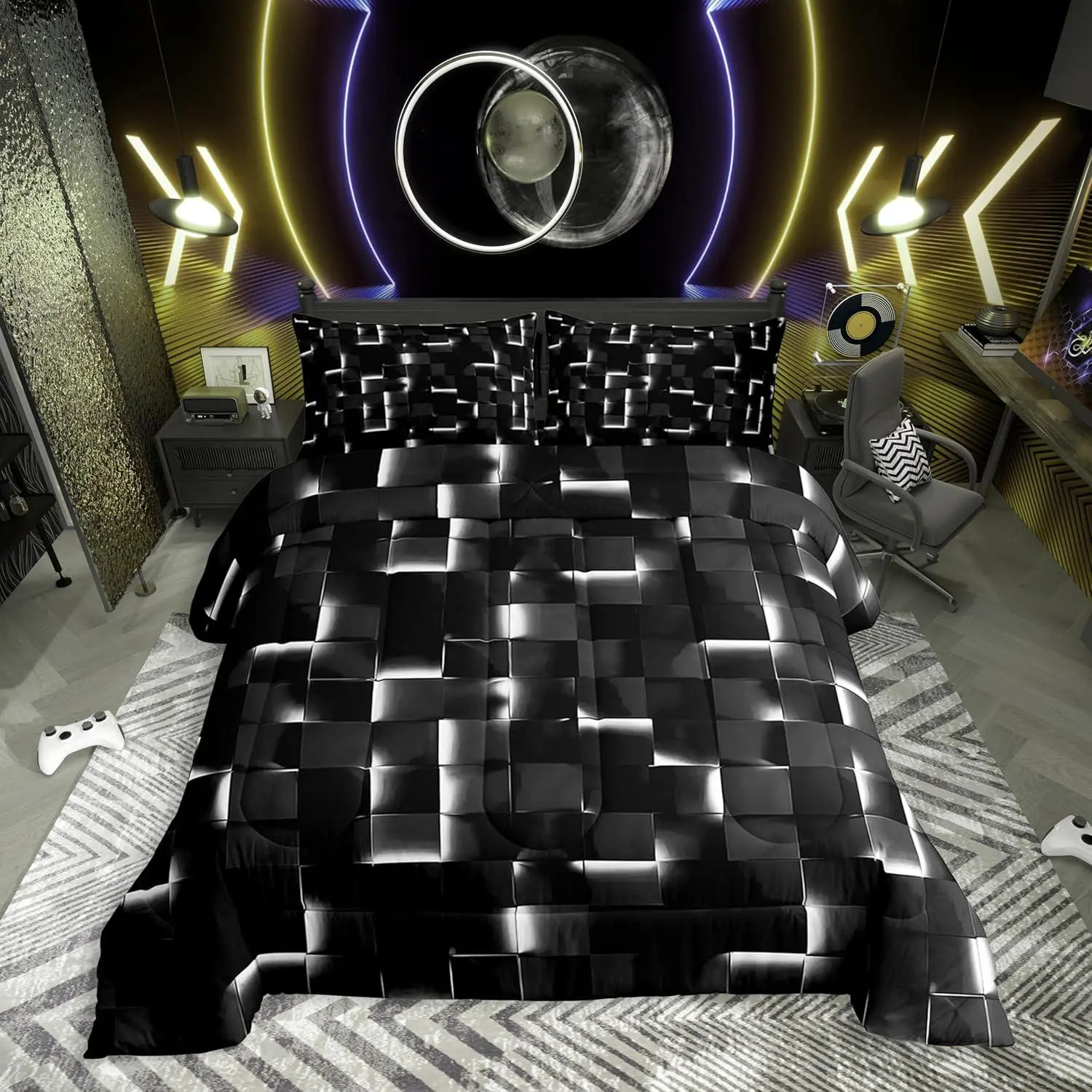 Black and White Comforter Set,3D Geometric Checkered Bedding Set,Neon Gaming Gamer Quilt Bed Set,Abstract Plaid Bedroom Decor for Kids Boys Girls