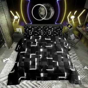 Black and White Comforter Set,3D Geometric Checkered Bedding Set,Neon Gaming Gamer Quilt Bed Set,Abstract Plaid Bedroom Decor for Kids Boys Girls