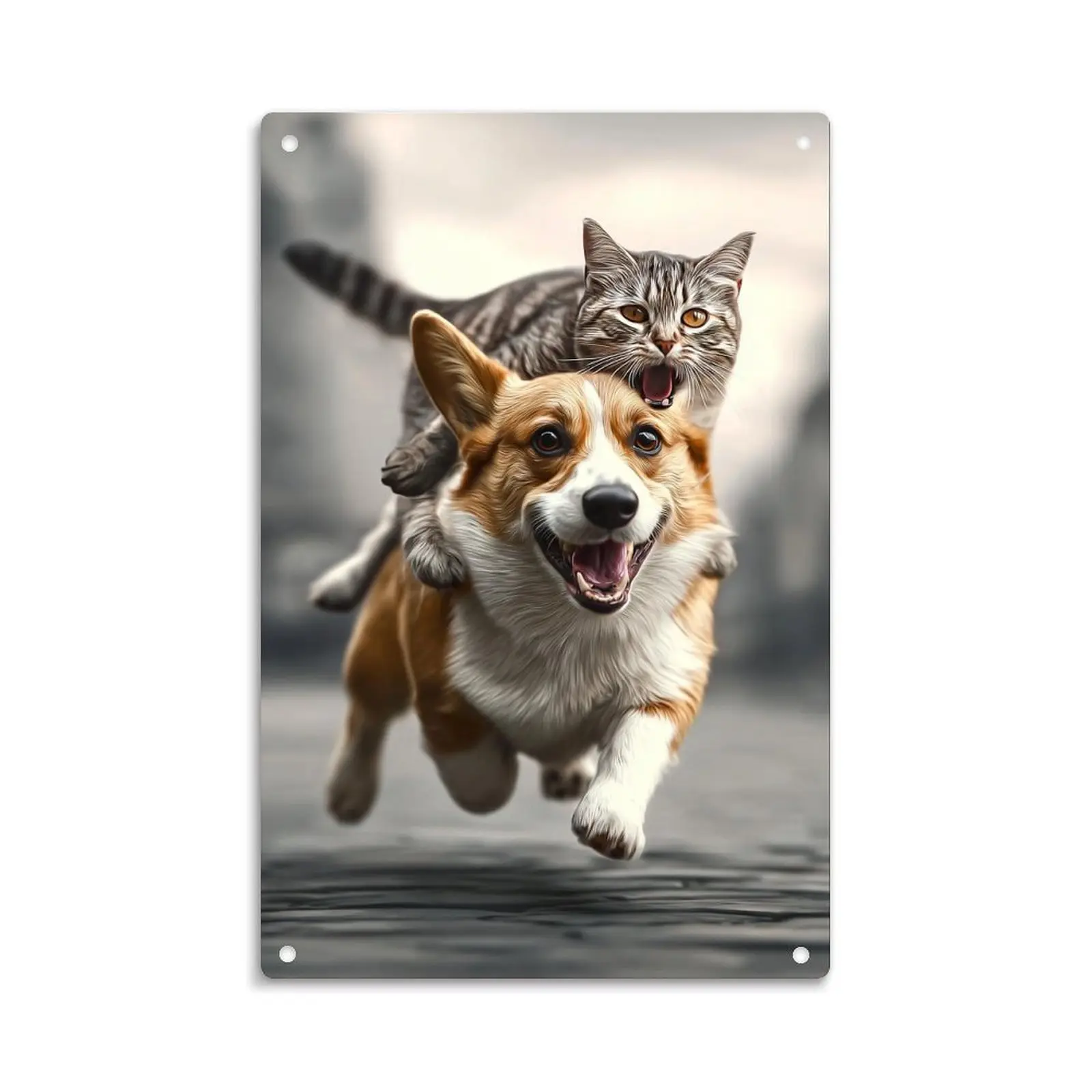 Funny Corgi And Cat Riding Metal Tin Sign， Vintage Cute Pet Animals Metal Sign Print Aesthetic Room Decoration for Home Bedroom Kitchen Bar Dorm Bathroom Wall Decor 8 X 12 Inch